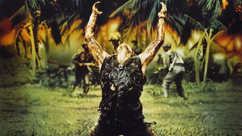 Sergeant Elias with arms raised in a burning jungle clearing