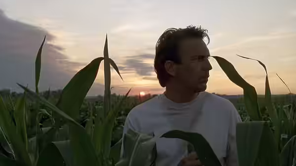 Ray Kinsella (Kevin Costner) stands among tall corn stalks at sunset in a field