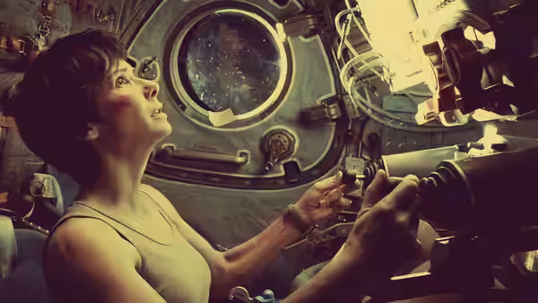 Ryan Stone (Sandra Bullock) looking upward while handling equipment in the module