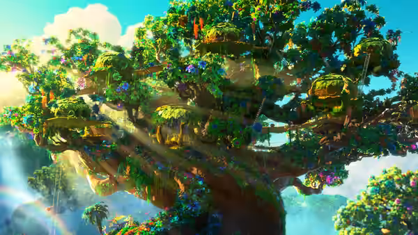 A sprawling treehouse sits among the branches of a massive forest tree