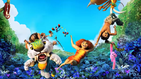 Eep swings through a jungle as a large cat lunges and creatures fly overhead