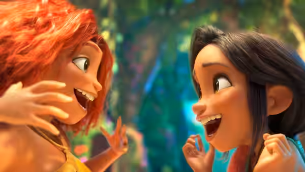 Eep and Dawn grin at each other in the forest