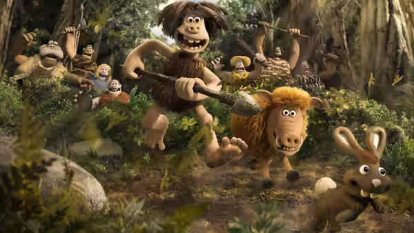 Dug leads villagers and animals running through a forest