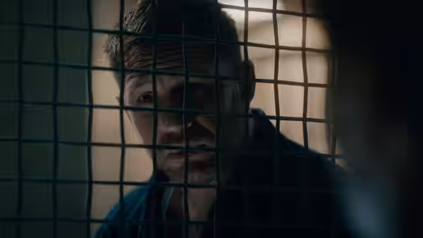 Eddie Brock (Tom Hardy) looks through a barred partition