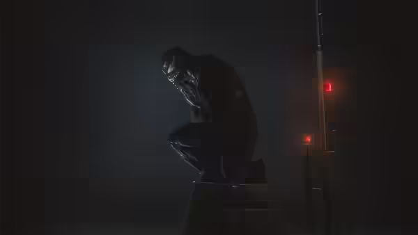 Venom crouches atop a pedestal in a dark room