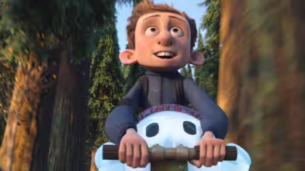 Barney rides a scooter with Ron through a tree-lined path