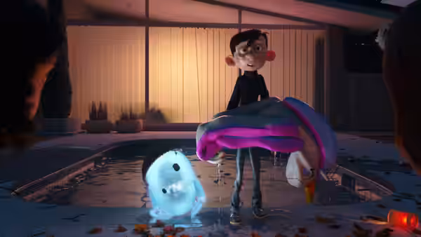 Barney holds a pool float while Ron splashes beside the pool