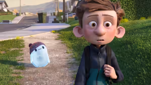 Barney stands on a suburban sidewalk as Ron follows behind
