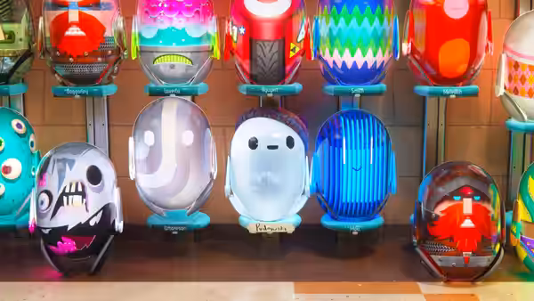 Ron sits among colorful companion robots displayed on store shelves