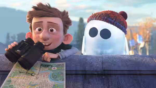 Barney scans the neighborhood with binoculars beside Ron and a map