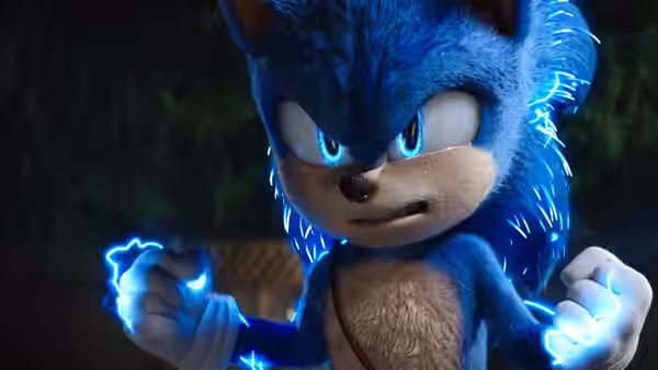 Sonic clenches his fists as blue electricity crackles around him
