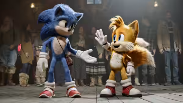 Sonic greets Tails in a crowded room as onlookers watch