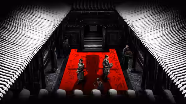 Armored figures stand on a red carpet in a walled courtyard