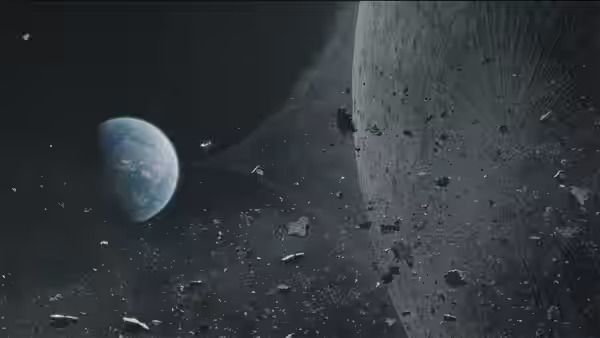 Earth and spacecraft appear against a field of debris near a massive gray body