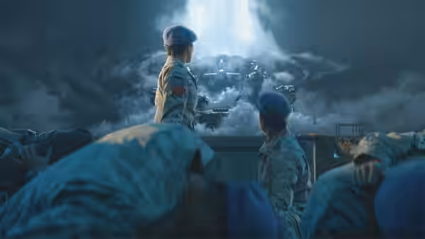 Uniformed personnel gather around a glowing structure beneath a plume of smoke