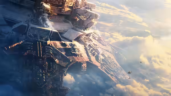 A vast industrial structure floats above the clouds beside a small spacecraft