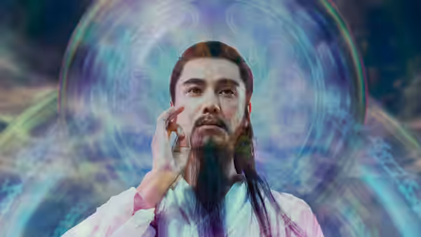A bearded man in white robes raises his hand before a glowing magical circle