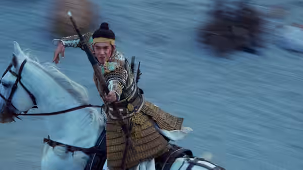 Ji Fa (Yu Shi) rides a white horse, reaching forward with a weapon