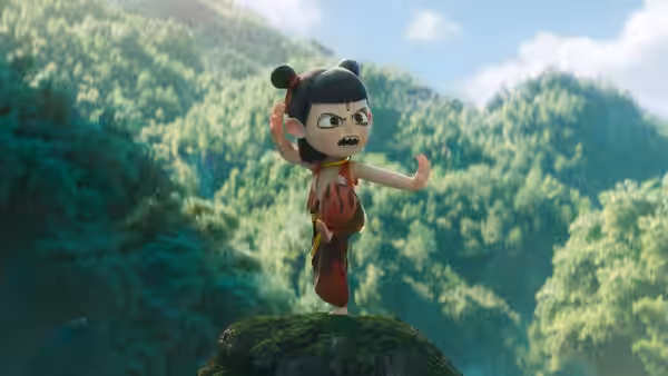 Young Nezha balances on a mossy rock, gesturing angrily amid forested mountains