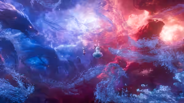 Two small figures hover between swirling blue and crimson clouds