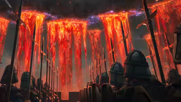 Armored soldiers face towering curtains of molten lava in a dark cavern