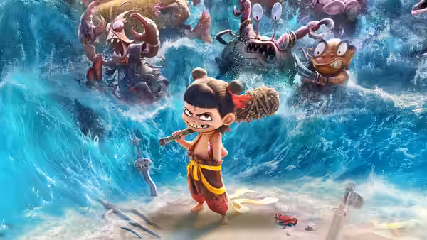 Nezha strides through surf as strange sea creatures surge behind him