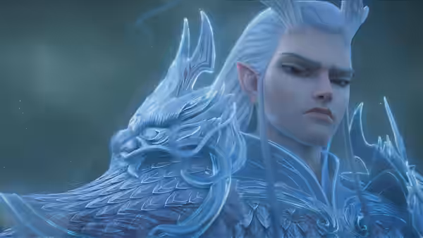 Ao Bing wears ornate icy dragon armor, his pale hair swept upward