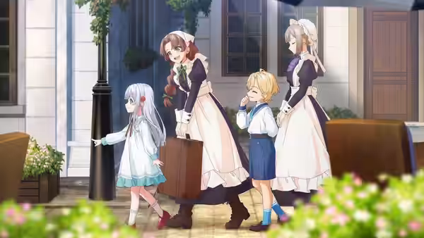 A silver-haired girl leads two women and a blond boy along a flower-lined street