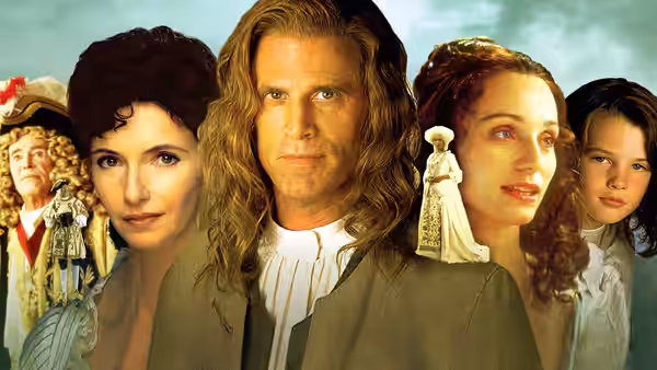 Lemuel Gulliver (Ted Danson) appears between portraits of figures from his travels