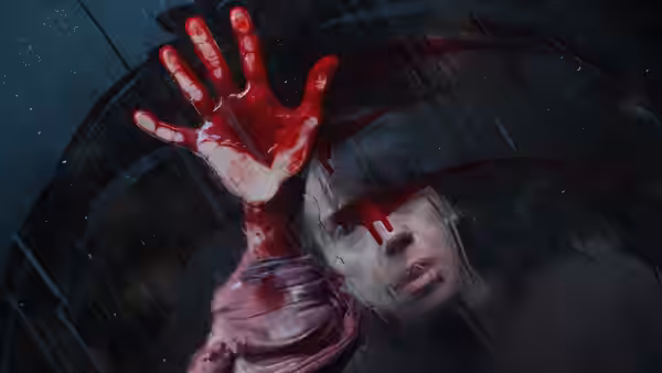 A bloodied person presses a red hand to a rainy window