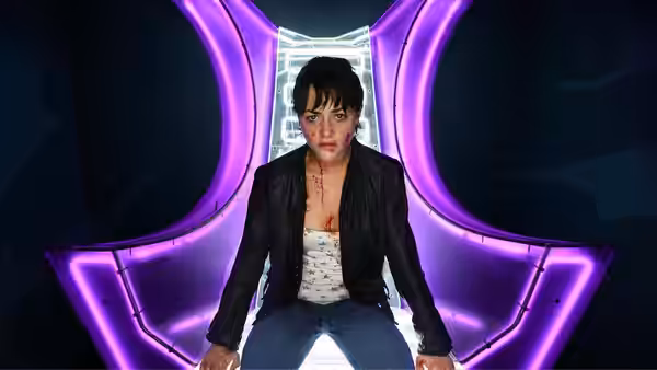 A bloodied woman sits beneath the glowing purple eye-shaped entrance inside the house