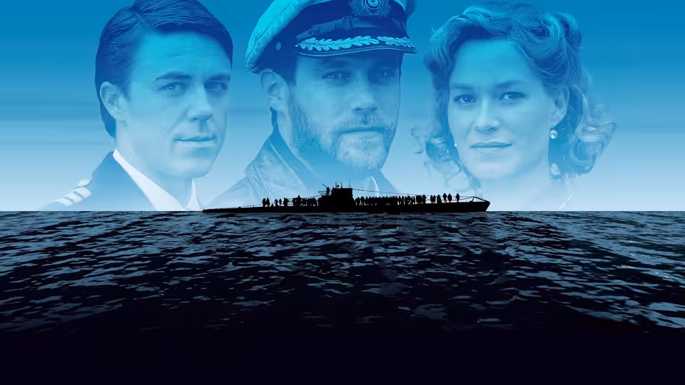 Three people appear above a submarine travelling across dark open water