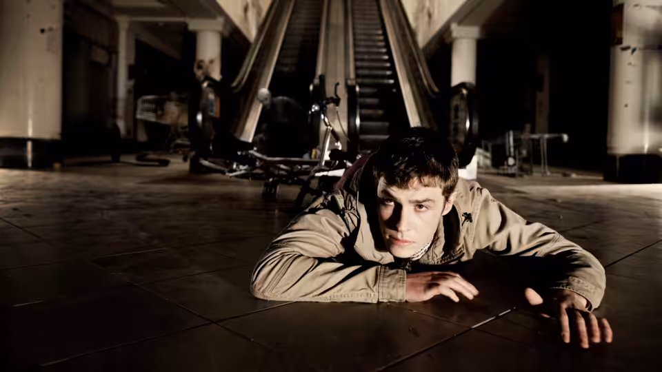 Paul Roberts (Iain De Caestecker) lies on the floor beneath escalators as figures approach