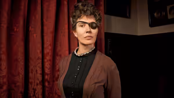 Dorothy (Julia Davis) stands beside a red curtain wearing an eyepatch