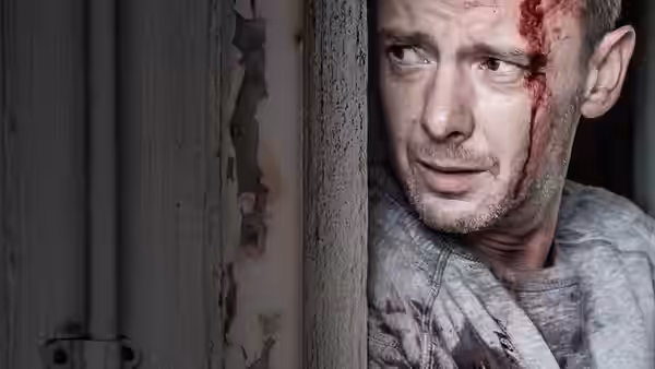 Marcus Farrow (John Simm), bloodied and bruised, peers around a doorway