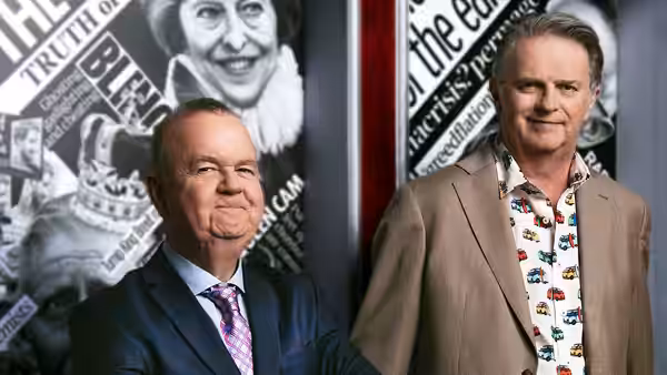 Ian Hislop and Paul Merton pose before newspaper clippings and political portraits
