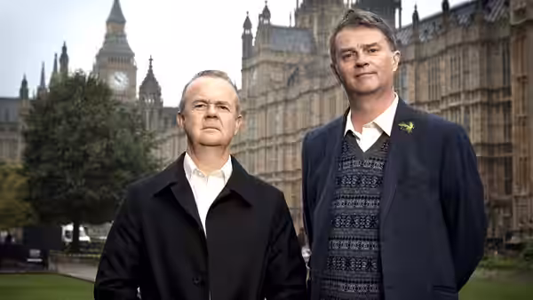 Ian Hislop and Paul Merton stand outside the Palace of Westminster