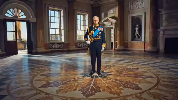 Charles (Tim Pigott-Smith) stands in a palace hall wearing a decorated military uniform