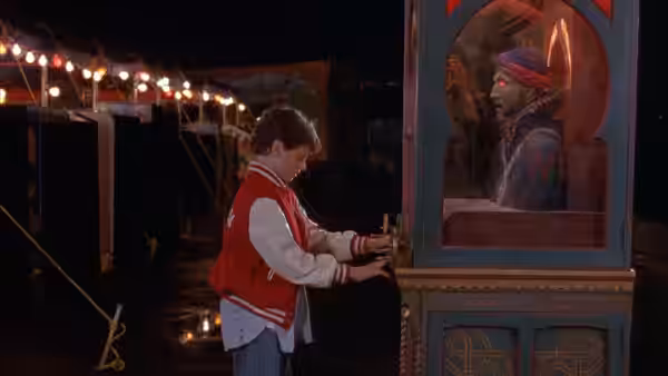 Young Josh turning the knob on the Zoltar machine at night