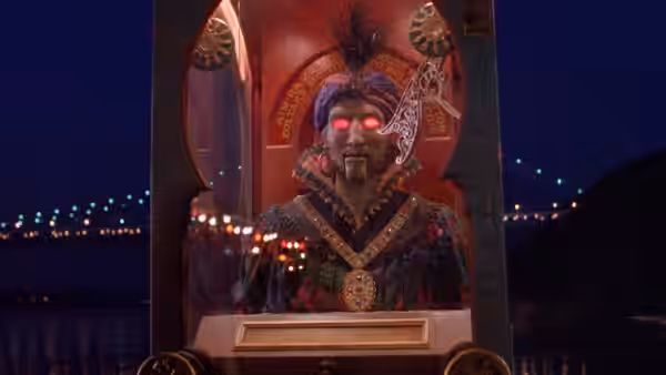 Zoltar machine figure with glowing red eyes at night by a bridge