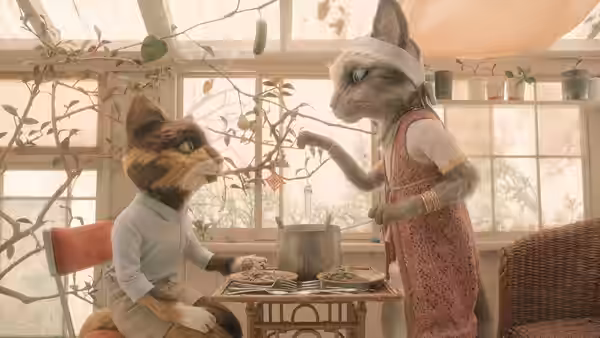 Two cats sit together at a tea table in a sunlit greenhouse