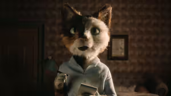 An anthropomorphic cat holds a small device inside a dimly lit room