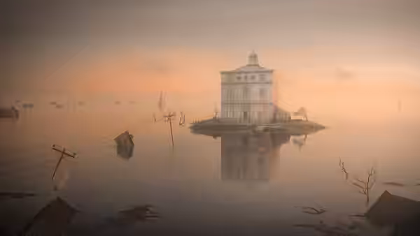 A solitary house stands on a small island amid floodwater and submerged debris