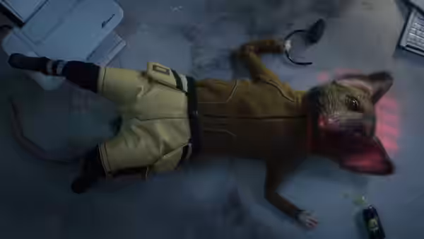 An anthropomorphic rat lies sprawled on the floor beside scattered objects