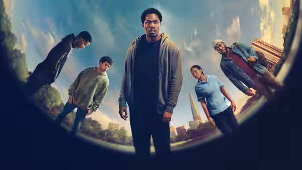 Five young people lean over and look down toward the camera