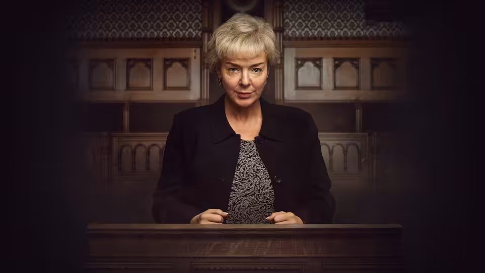 Ann Ming (Sheridan Smith) stands behind a wooden lectern in a courtroom