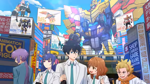 A group of young people walk beneath a giant robot in a crowded shopping district