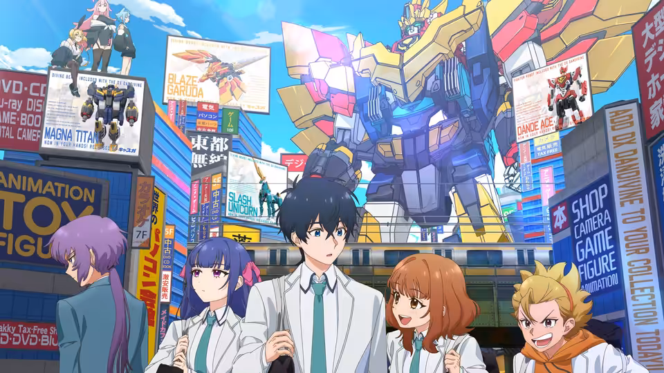 A group of young people walk beneath a giant robot in a crowded shopping district