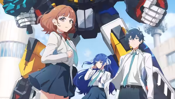 A red-haired girl and two blue-haired students stand beneath a towering robot