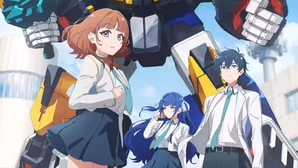 A red-haired girl, blue-haired boy, and long-haired girl stand beneath a giant robot